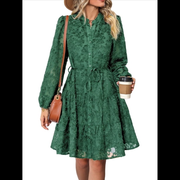 Vestidos de Otoño 2025 de Larga para Mujer, Minivestido Informal de Corte A con Botones y Cinturón, para Otoño e Invierno. Verde Oscuro S