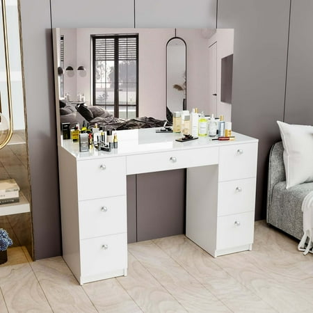 Boahaus Artemisia Vanity Makeup Desk with 7 Drawers  Full-Width Framless Hollywood Mirror  White Vanity Dresser with Mirror  Crystal Ball Knobs  Modern Painted Makeup Table for Bedroom