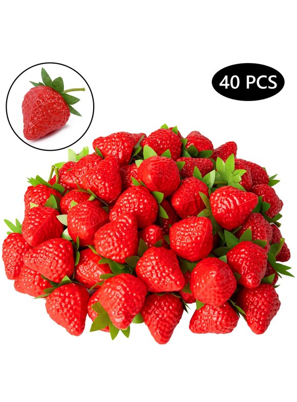 Tripumer 40 Pcs Fake Strawberry Artificial Strawberry Faux Realistic Strawberry Fake Lifelike Fruit Plastic Strawberries for Home Kitchen Party Decor Red