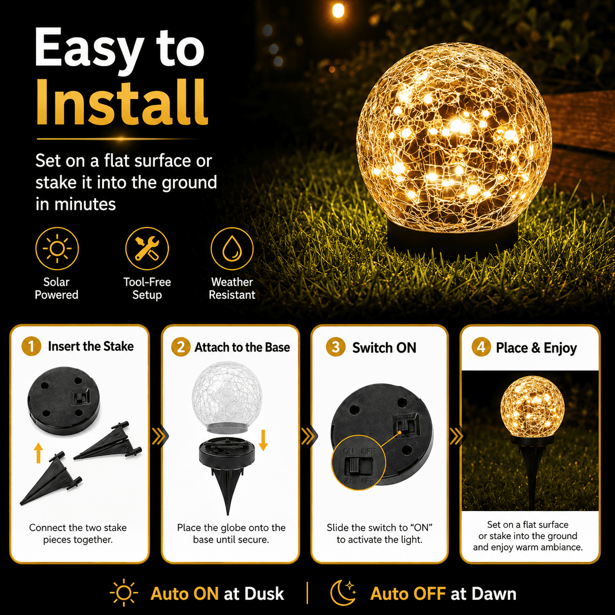 MEHOOM 4 Pack 5'' Solar Globe Lights Outdoor Waterproof, 30LED Solar Cracked Garden Lights Outdoor for Patio, Yard, Lawn, and Landscape Christmas Decorations