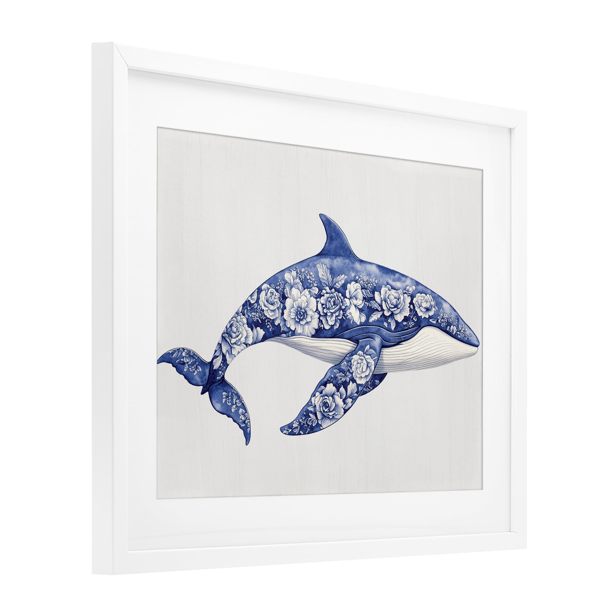 Floral Toile Whale White Framed Print Under Glass, design by Lettered and Lined