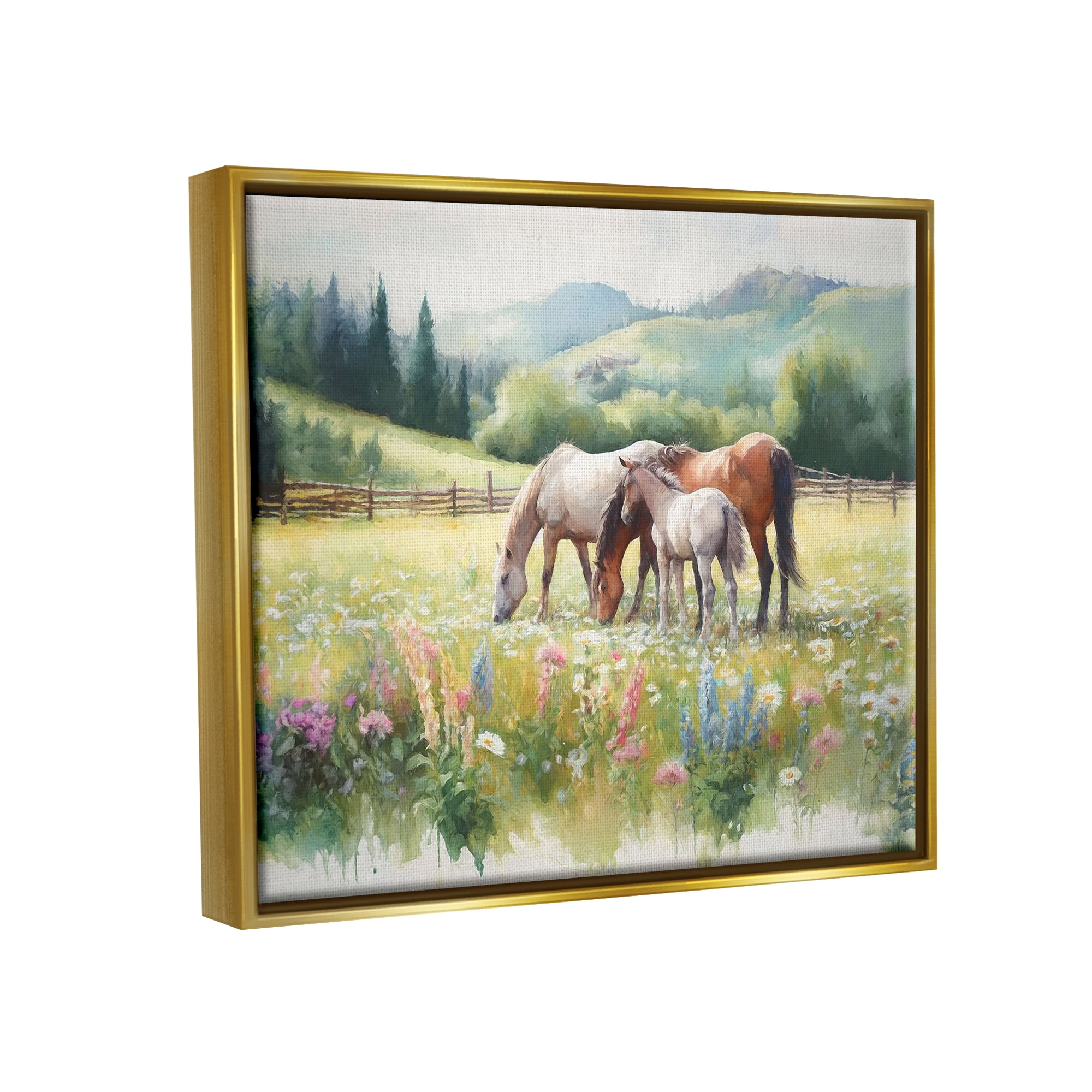 Stupell Industries Horses in Spring Meadow Animals & Insects Painting Gold Floater Framed Canvas Art Print Wall Art, 21 x 17