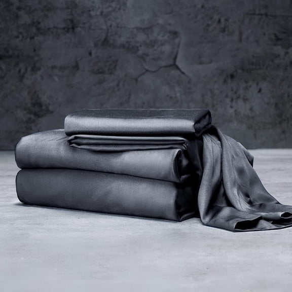 Mulberry Silk Satin Sheet Set - 4 Pc (1 Flat Sheet, 1 Fitted Sheet, 2 Pillowcases) - Smooth Bedding for Queen/King Bed - Wrinkle-Resistant, 15" Deep Pockets (Dark Grey,CALIFORNIA