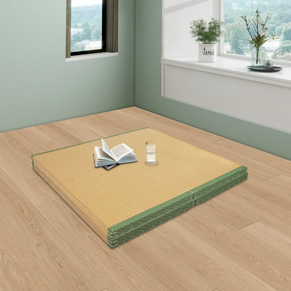 3-in-1 Foldable Tatami Mattress, Natural Coconut Fiber Floor Mat, Foldable Floor Mattress for Sleeping, Yoga, Multi-Purpose Futon & Sofa Bed 78.74*39.37*1.97in(Green, Brown)
