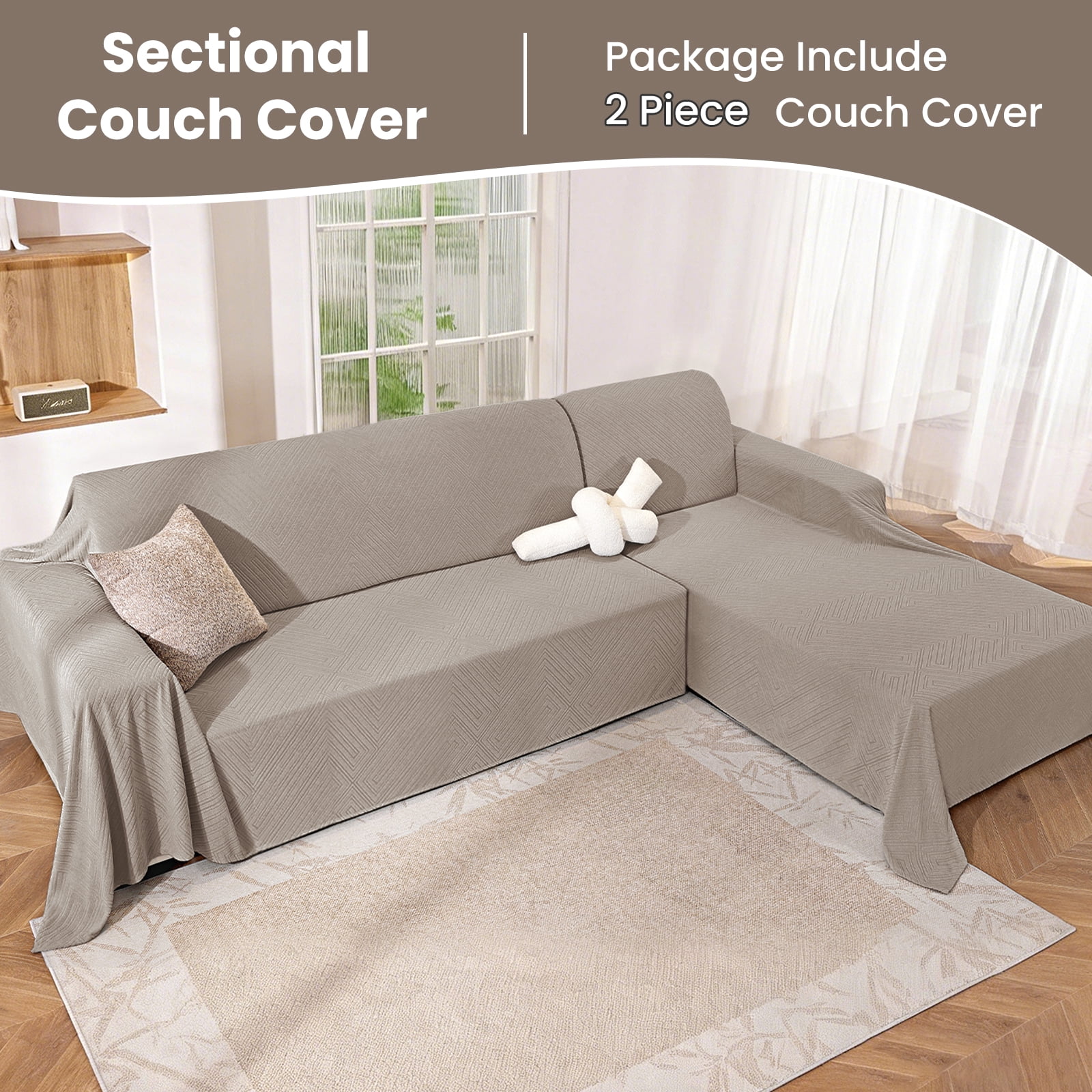 JIATER Couch Covers for L Shaped Sectional Sofa Covers 2-Piece Stretch Throw Sofa Slipcovers,Khaki