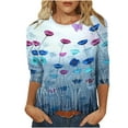 thumbnail image 2 of Sakmal Womens Summer Tops Blue 3/4 Sleeve Crew Neck Flower Floral T-Shirts Womens Shirts, 2 of 4
