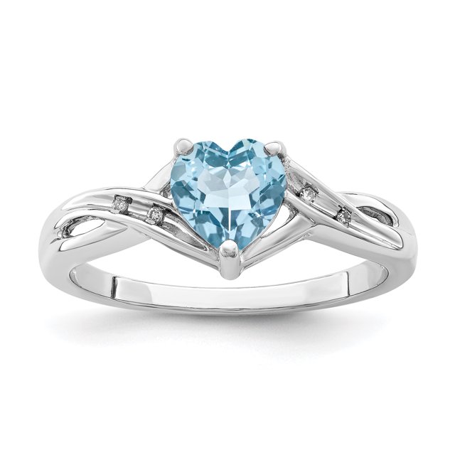 925 Sterling Silver Rhodium Plated Diamond Light Swiss Blue Topaz Heart Ring