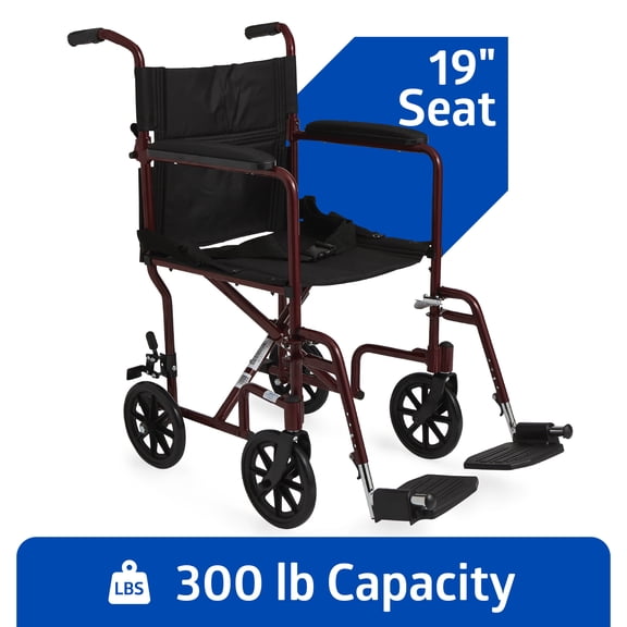 Medline Transport Wheelchair with Permanent Full-Length Arms,, Lightweight, Swing-Away Footrests, 300 lb Weight Capacity, Red