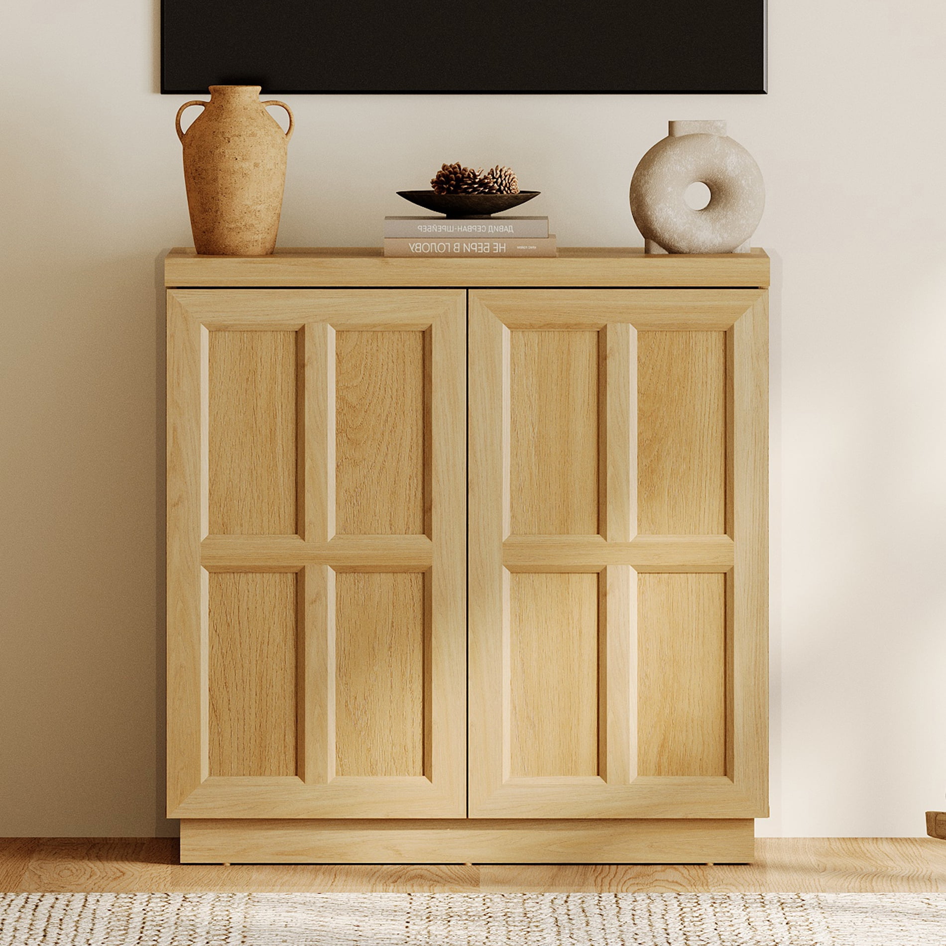 HOMOOI TV Stand for 26-40"TV, Boho 31.5" Wood Media Console with Doors, Adjustable Shelves and Cable Management Hole, Heavy-Duty Entertainment Center for Living Room, Bedroom,Oak