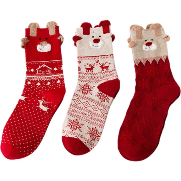 3 Pairs Christmas Elk Socks Red Crew Socks Cartoon Winter Socks Novelty Christmas Presents for Indoor and Outdoor Wearing