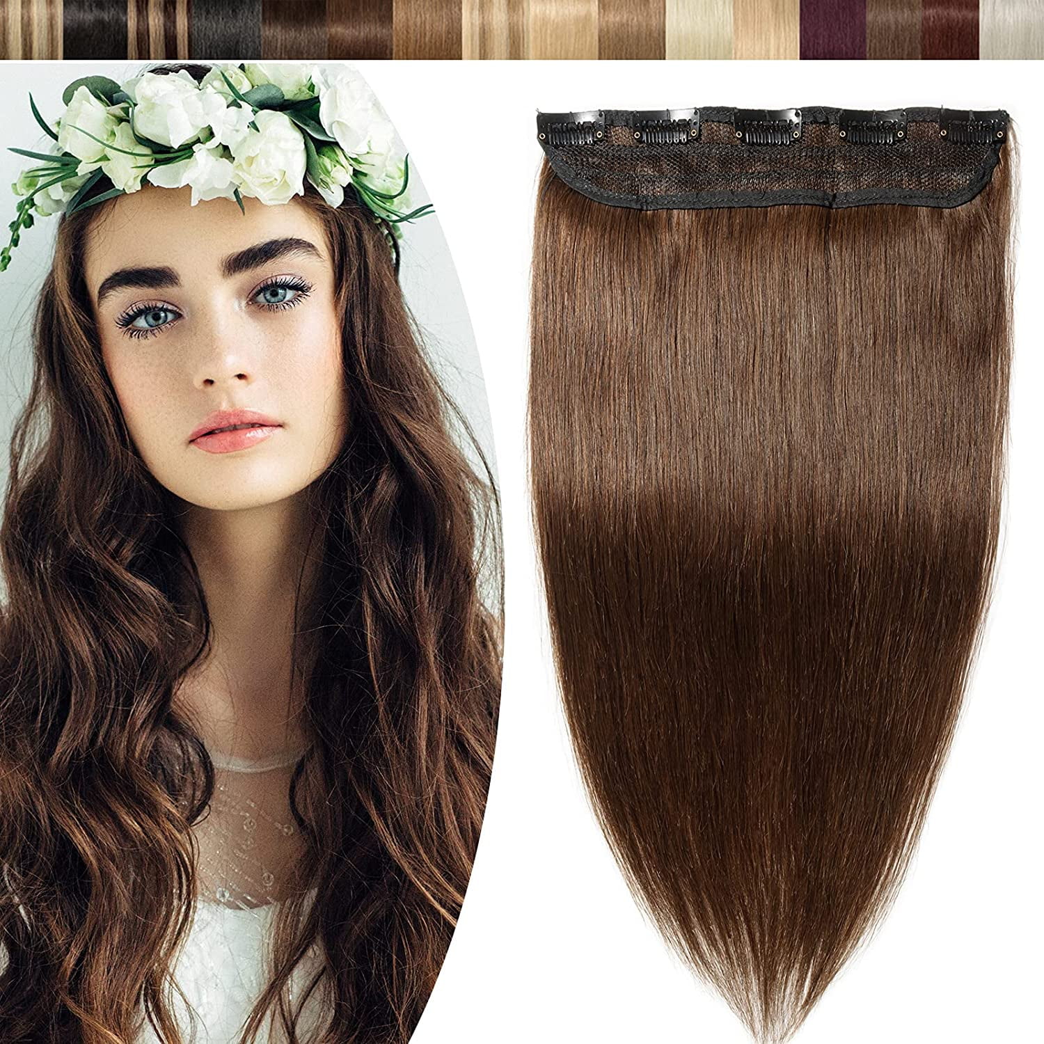 8"24" Clip in Hair Extension Human Hair One Piece 100 Real [4 Medium Brown] 3/4 Full Head