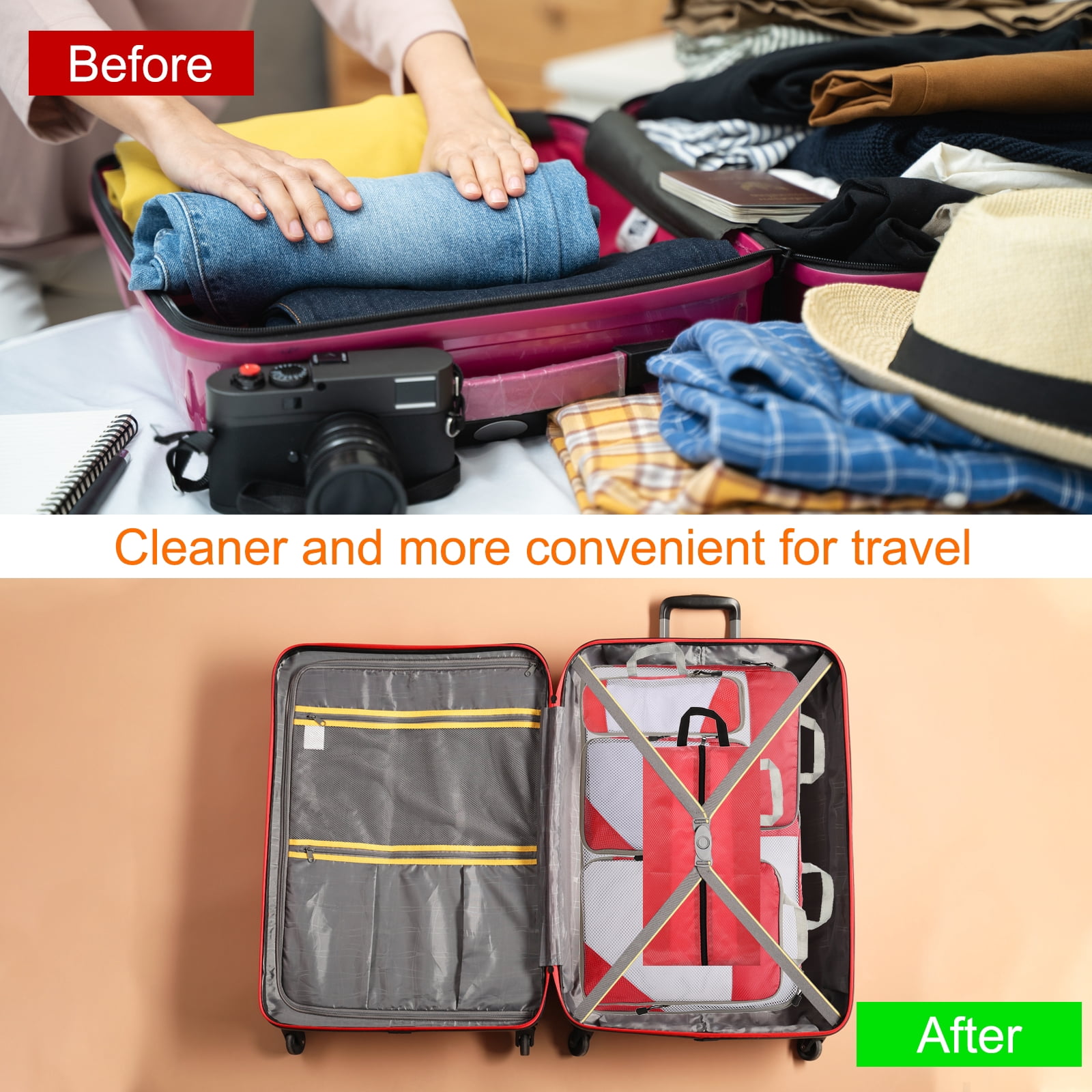 Uxcell 6pcs Compression Packing Cube for Suitcases Lightweight Travel Essentials Luggage Organizers Bags, Red