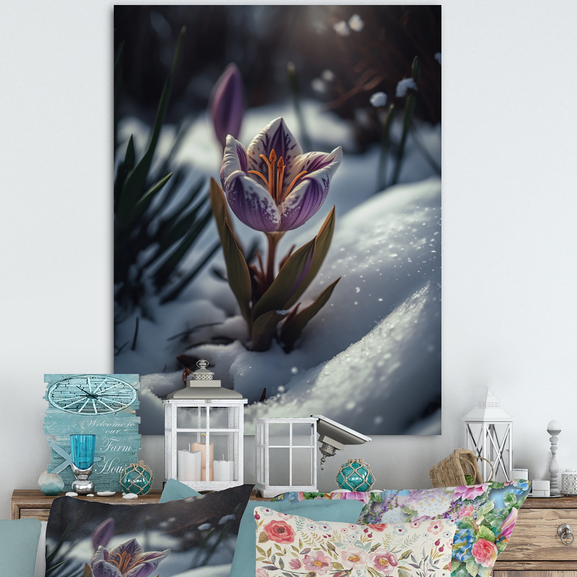 Designart A Blooming White And Purple Lily Flower In Winter II Canvas Wall Art