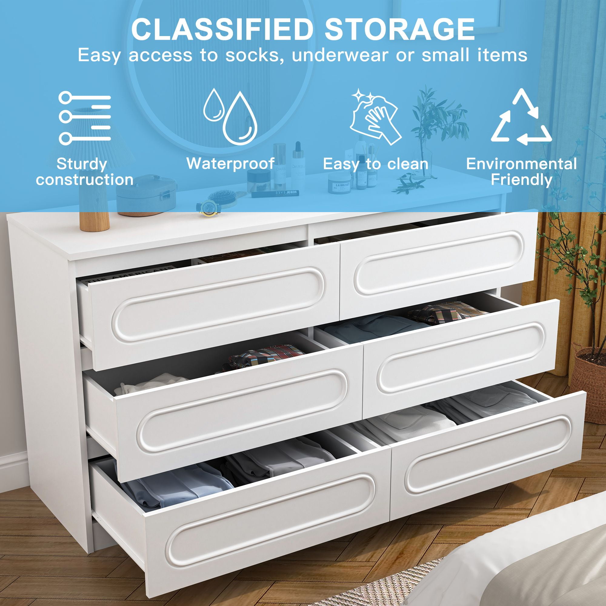 Demi Bonn 6-Drawer Double Dresser for Bedroom, 47" Chest of Drawers with Hidden Handle Wood Oval Pattern Drawer Fronts, Modern Bedroom Furniture, White
