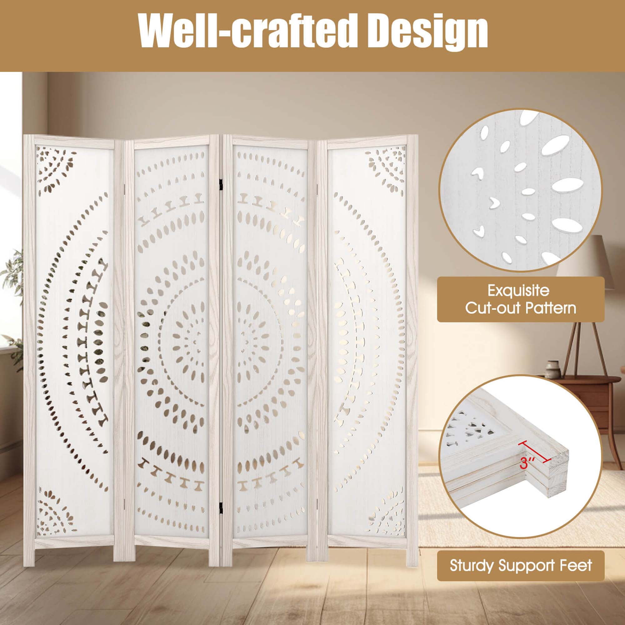 Costway 66" Boho 4-Panel Room Divider with Carved Pattern & Solid Wood Frame 360° Hinges