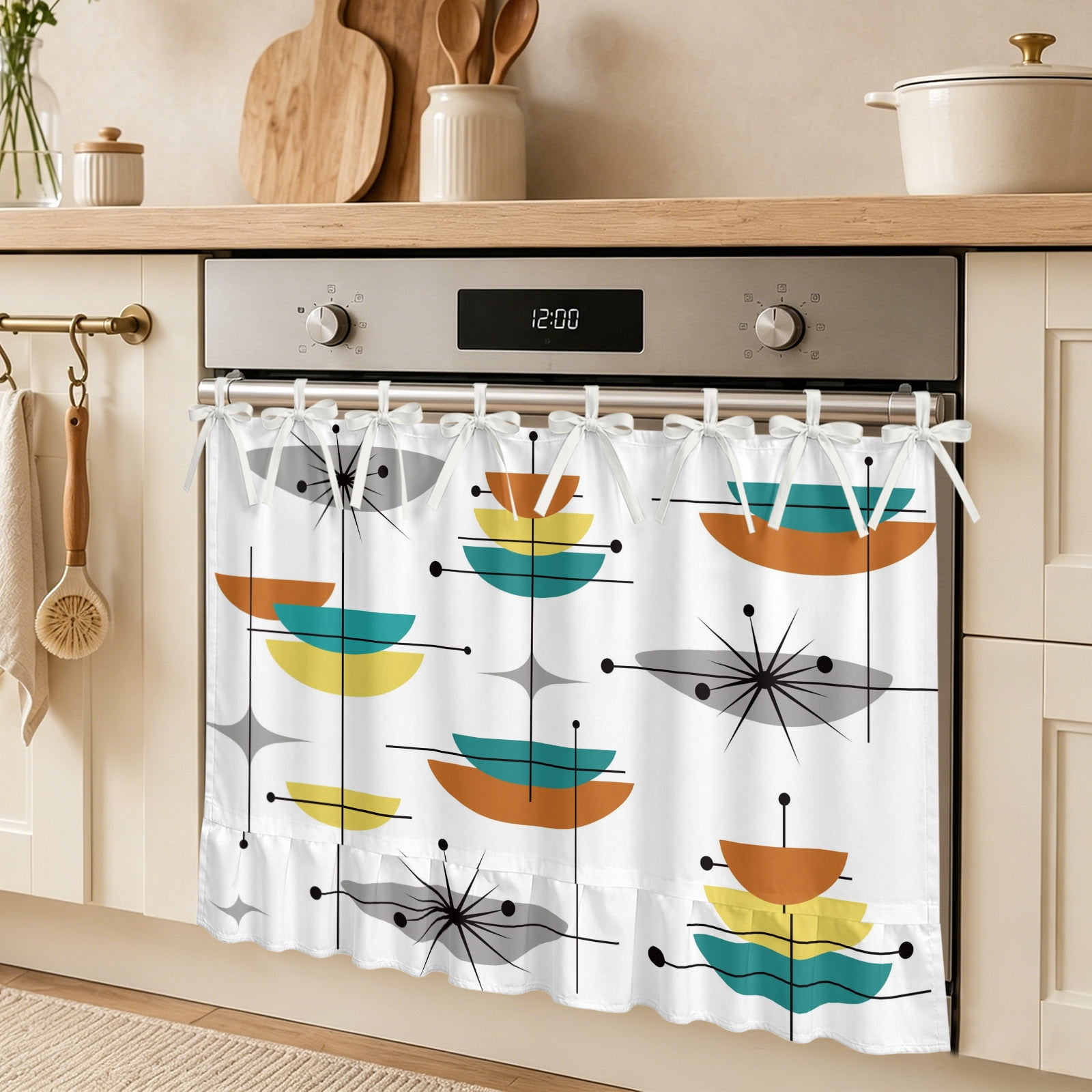 Boho Oven Skirt Curtain Abstract Art Tie Top Tier Curtains Stove Dishwasher Skirt Small Window Drapes for Kitchen Bathroom Cafe 27 x20