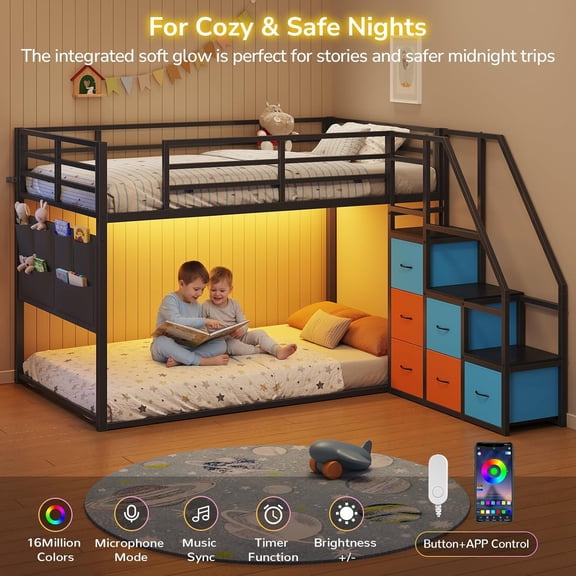 Twin Over Twin Bunk Beds with LED Lights, Low Bunk Bed Frame with 6 Storage Drawers and Pocket Organizer for 2 Teens, Twin Metal Bed Frame with Reversible Storage Staircase, Black