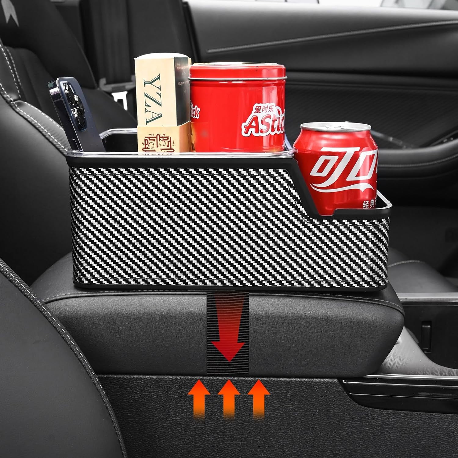 Car Seat Organizer with Compartment,Car Armrest Extra Storage Box Truck Floor Hump Organizer, Front Organizer,Center Console Cup Holder Tray fit for SUVS Pickup (Black)