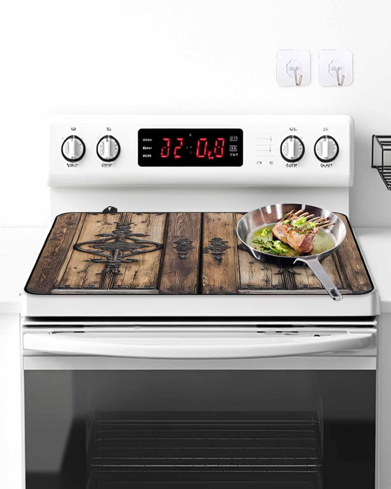 Stove Top Covers for Electric Stove, Wooden Plank Glass Stovetop Cover Protector, Rustic Farmhouse Brown Black Barn Door Induction Cooktop Protector Oven Mat for Kitchen Countertop 24"x21"