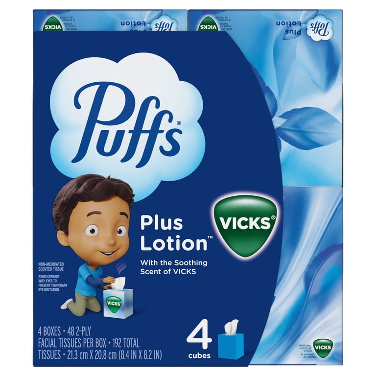 Puffs Plus Lotion, Vicks Scented Facial Tissues, White, 4 Cubes