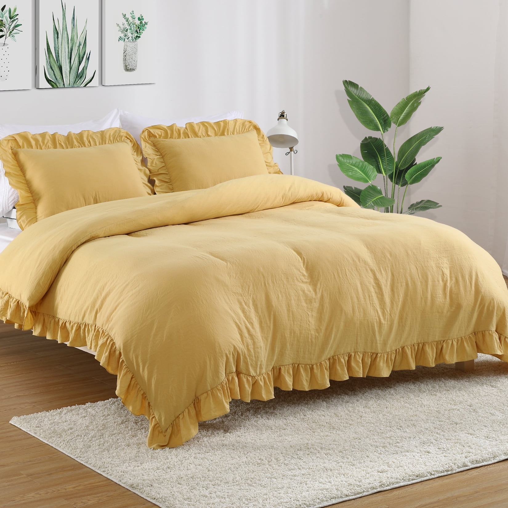 Oyang Ruffle Duvet Cover with 2 Pillowcases, 3Pcs Soft Washed