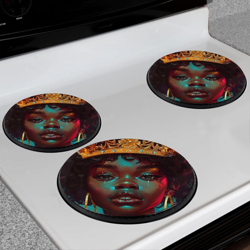 BaHomeck Electric Stove Burner Covers Set of 4,Round Metal Gas Stove Burner Covers 8 Inch and 10 Inch,Kitchen Decor,Beautiful Black Woman With Golden Crown