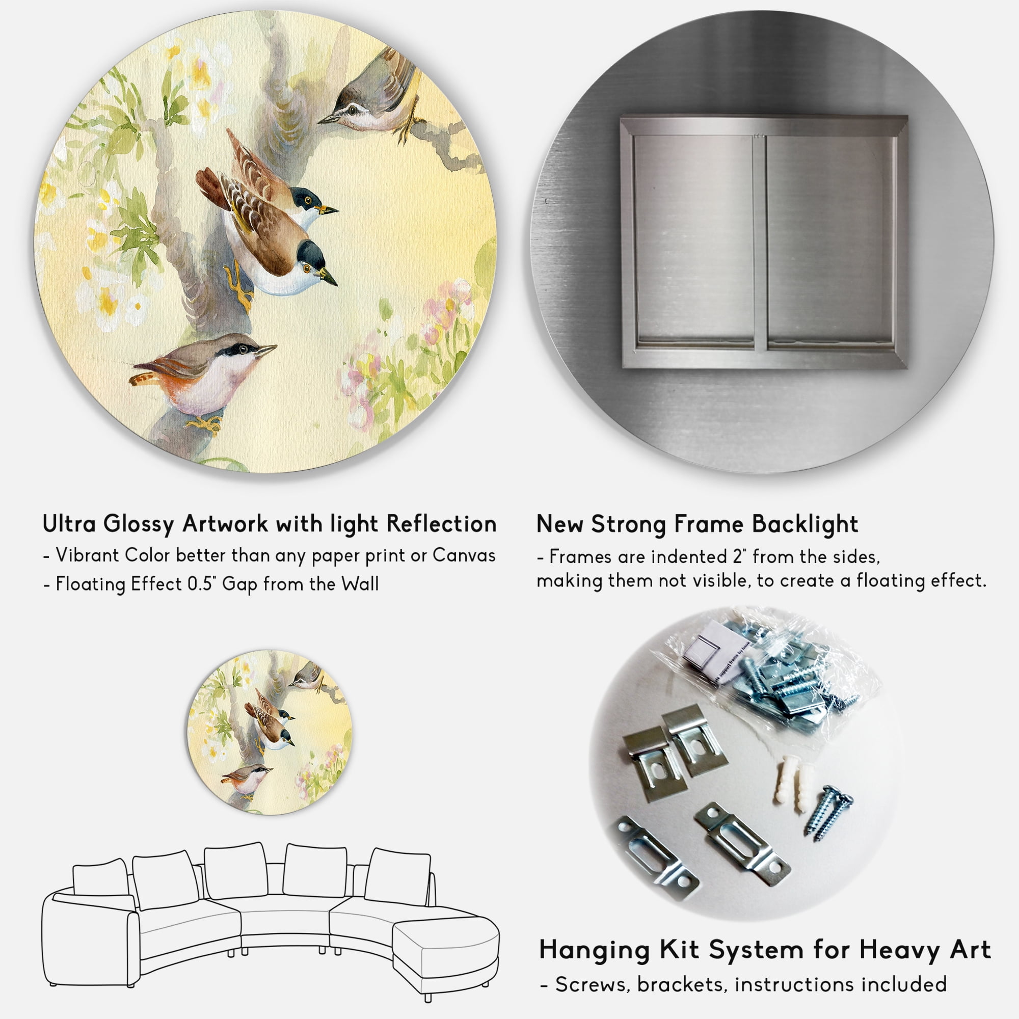 Designart 'Birds Sitting On A Blossoming Apple Tree' Traditional Circle Metal Wall Art 29x29 - Disc of 29