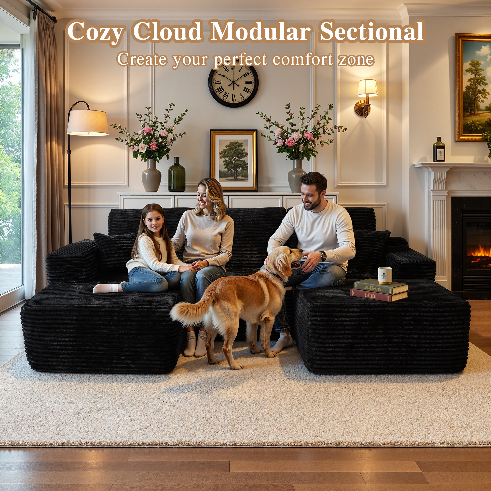 Ovios 106" Cloud Sofa Couch No Assembly Boneless Deep Seat Sofa with Ottoman for Living Room, Black (Plush Corduroy)