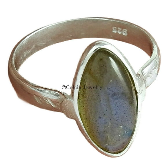 Real 925 Sterling Silver, Genuine Labradorite Gemstone Super Ring, June Birthstone, Blue Fire Ring, Cabochon Cut Marquise Shape Ring, Engagement Ring, Graduation Ring (labradorite, 7)