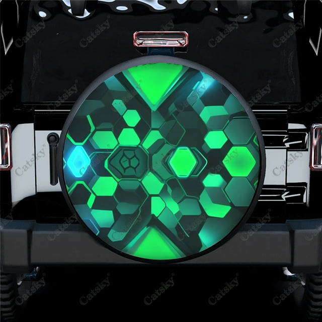 Abstract Green Hexagon Polyester Universal Spare Wheel Tire Cover Custom Tire-Covers for Trailer RV SUV Truck Camper
