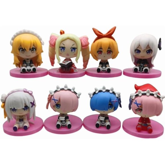 New Rem Figure, 8pc Q Version Eight Pieces Pink Base Rem Action Figure 10cm/3.9inch PVC Anime Character Statue Model Desktop Ornament Gifts