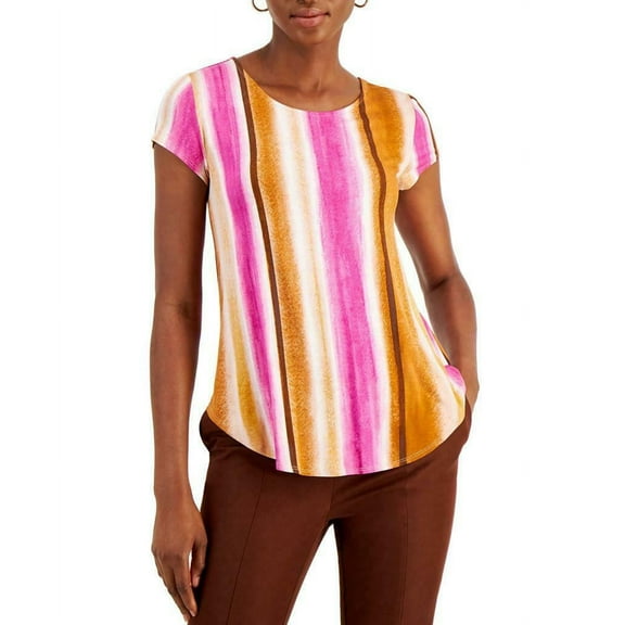 Alfani Women's Scoop Neckline Printed T-Shirt Pink United Stripe Size S