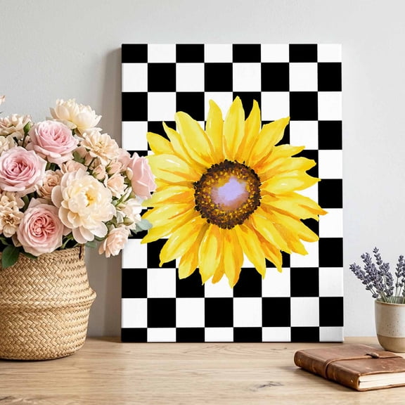 Canvas Wall Art Yellow Sunflower Canvas Art Print Fall Plant Black White Lattice Element Pictures Wall Decor for Living Room Bedroom Artwork Decorations Stretched Framed Ready to Hang 12"x18"