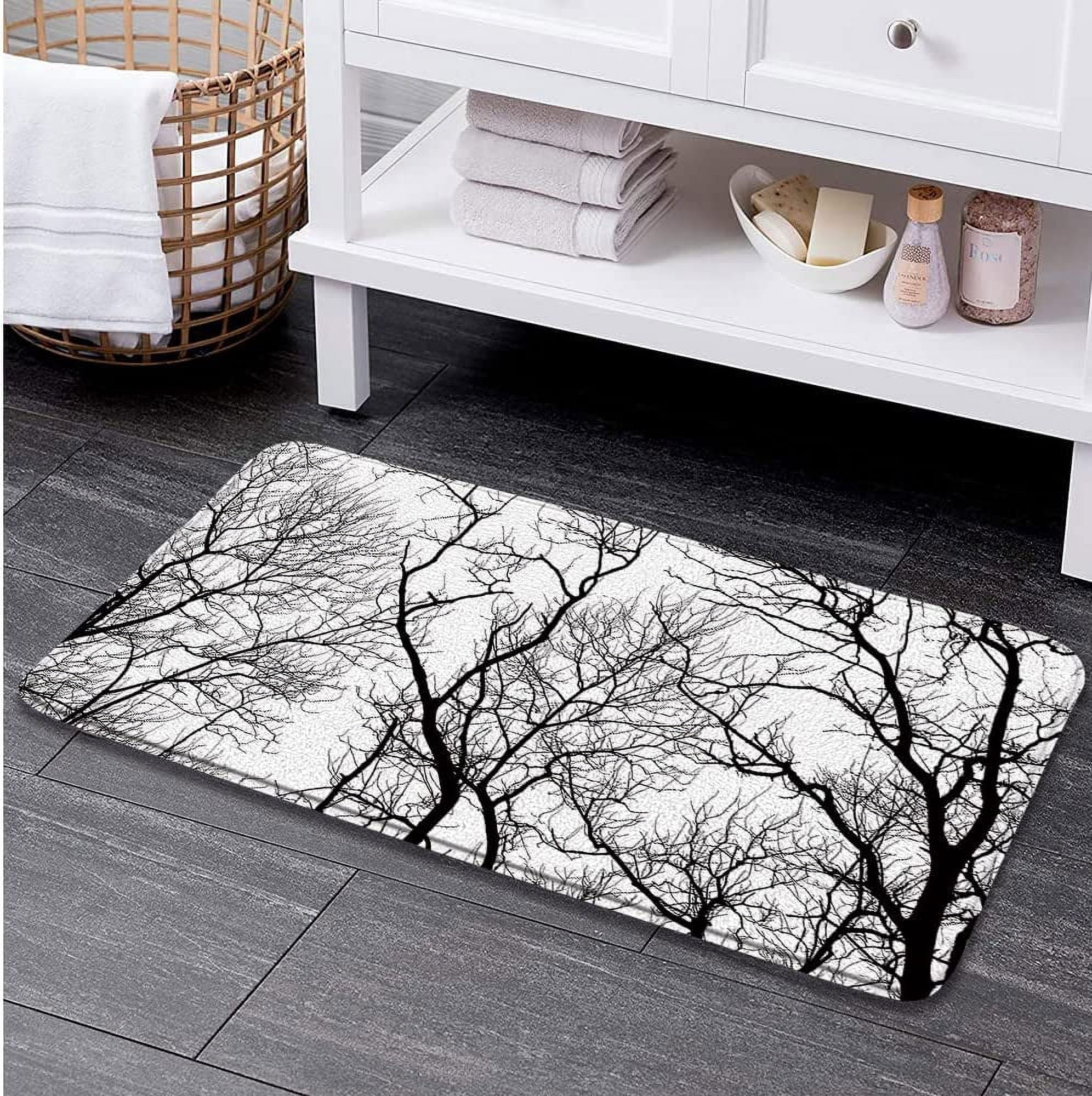 Forest Bath Mats for Bathroom Black and White Woods Abstract Horror Trees Fall Winter Tree Branches Rustic Farmhouse Memory Foam Flannel Bath Floor Rugs for Kitchen Bathtub Laundry 29.5 x 17.7 Inch