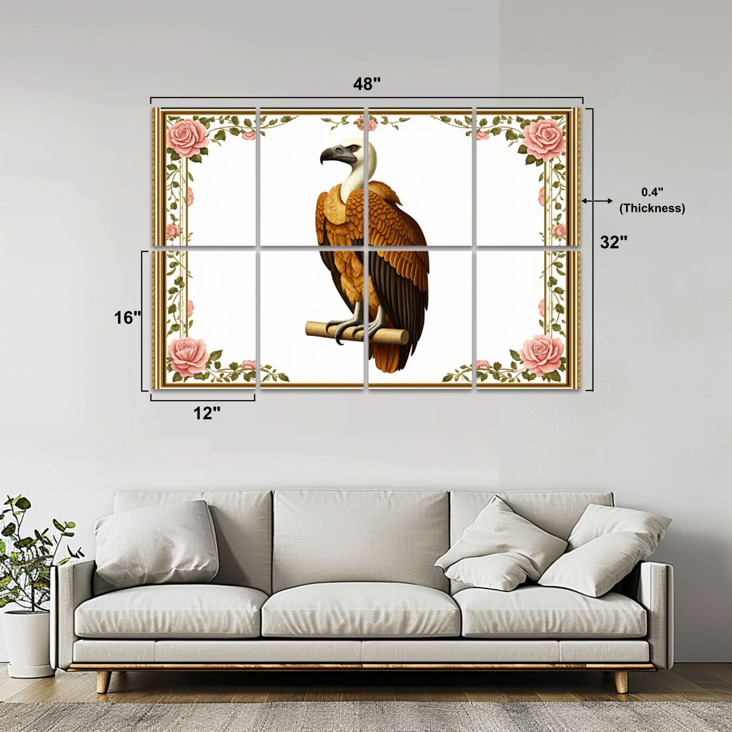 8 Pack Art Acoustic Panels Sound Absorbing Vulture Elegant Floral Border Decorative Soundproof Wall Panels Self Adhesive for Nursery Game Room Bedroom 48"x32"