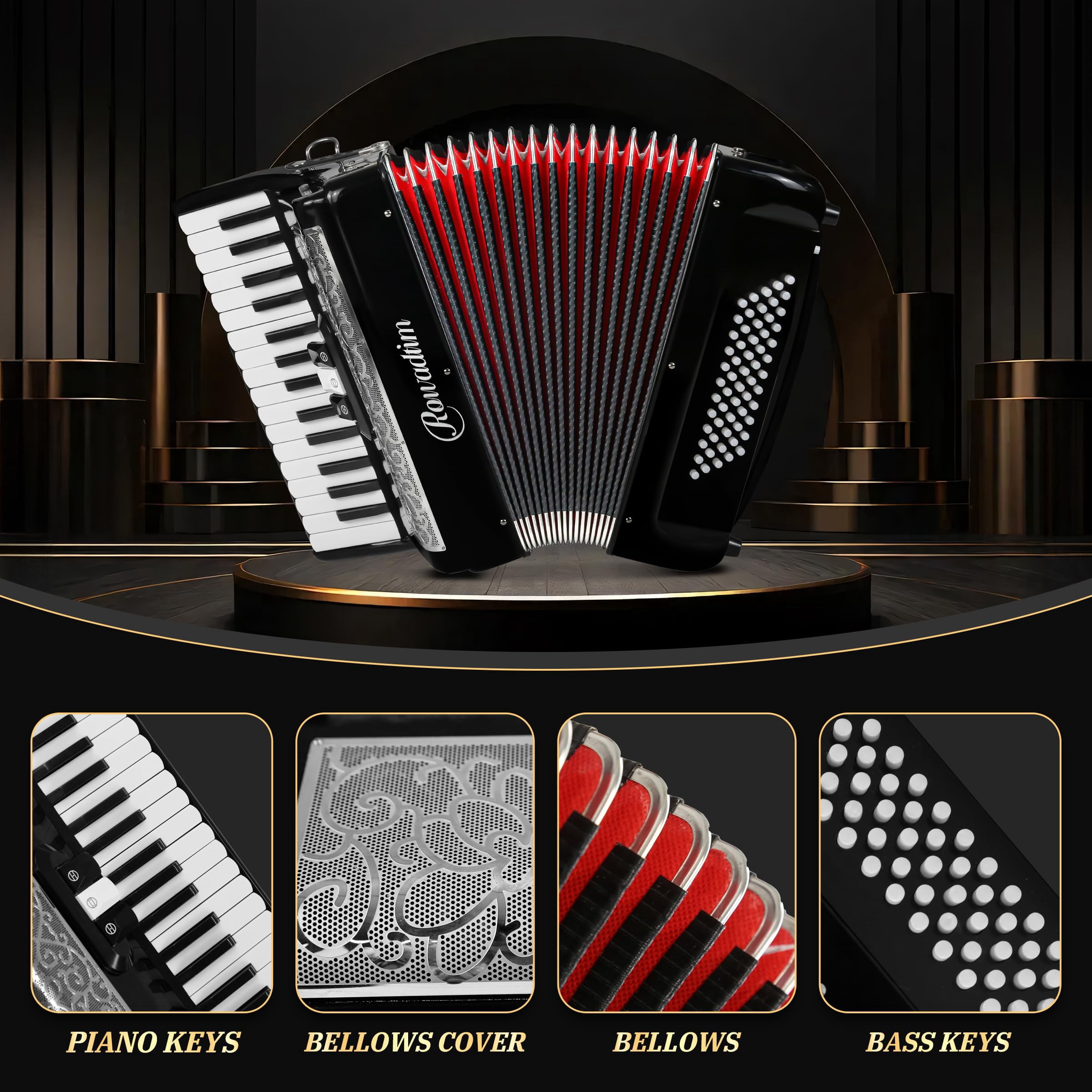 Rowadtim 30 Key 60 Bass Accordion, Beginner & Adult Professional Instrument, Portable with Backpack & Strap, Ideal for Practice, Performances, Black