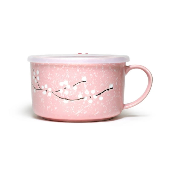 Microwavable Ceramic Noodle Bowl with Handle and Seal Sakura Snow Flake Floral Design