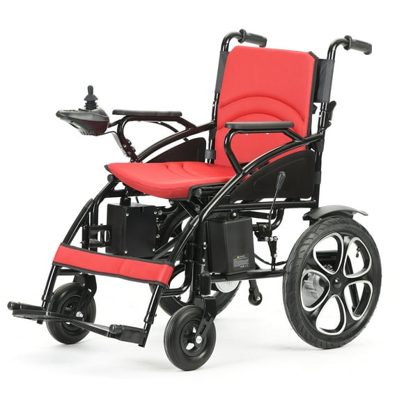 Lightweight Foldable Electric Red Wheelchair with Lithium Battery, Waterproof Joystick, 250W Motors, 265 lbs Capacity, 13 Miles Range, Travel Power Chair for Grass, Mud, Snow & Bumpy Roads