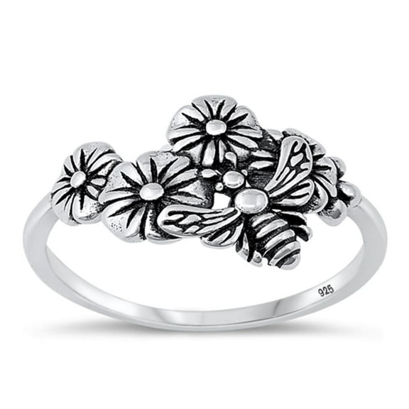 Unique Flowers & Bee Ring .925 Sterling Silver Pollination Band Jewelry Female Male Unisex Size 4