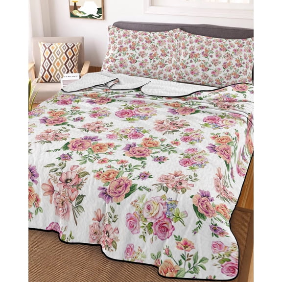 Pink Ombre Spring Floral King Size Down Alternative Comforter, Lightweight Comforter Quilt Bedding Set with Pillow Shams Summer Flowers Botanical All Seasons Bed Comforter Duvet Insert 96"x106"