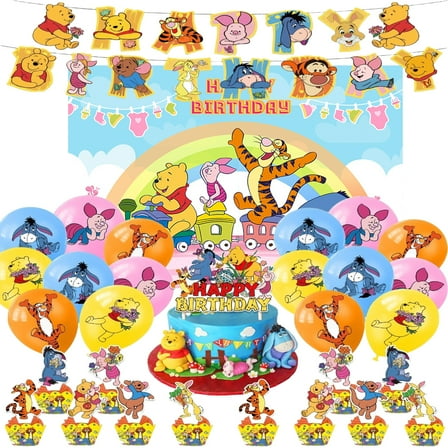 Winnie the Pooh themed birthday party decorations set, cartoon themed party favors, party supplies set including banners, printed balloons, backdrop