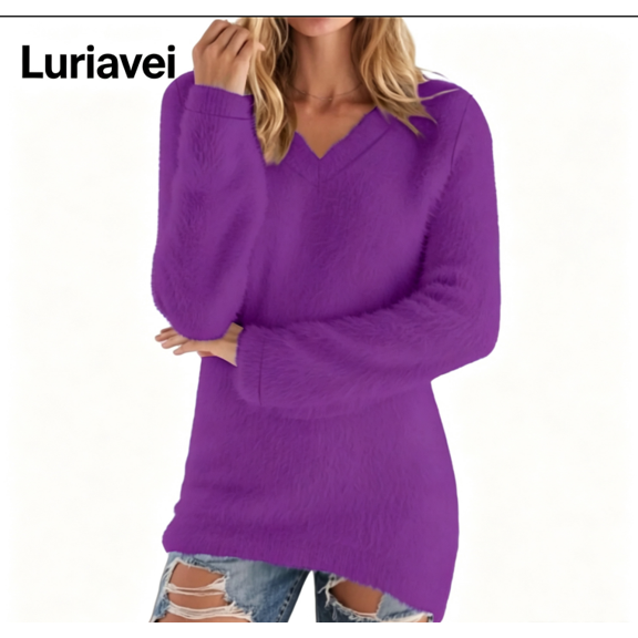 Luriavei Womens Sweaters Trendy Solid Color Classic Knit Tops Thermal Long Sleeve Fleece Shirts Fall Outfits Winter Clothing(Purple,XX-Small)