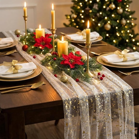 6Pcs Beige Gold Gauze Table Runner 120 Inch 10FT, Glitter Metallic Foil Sheer Dining Wedding Anniversary Holiday Birthday Table Decor for Home Party
