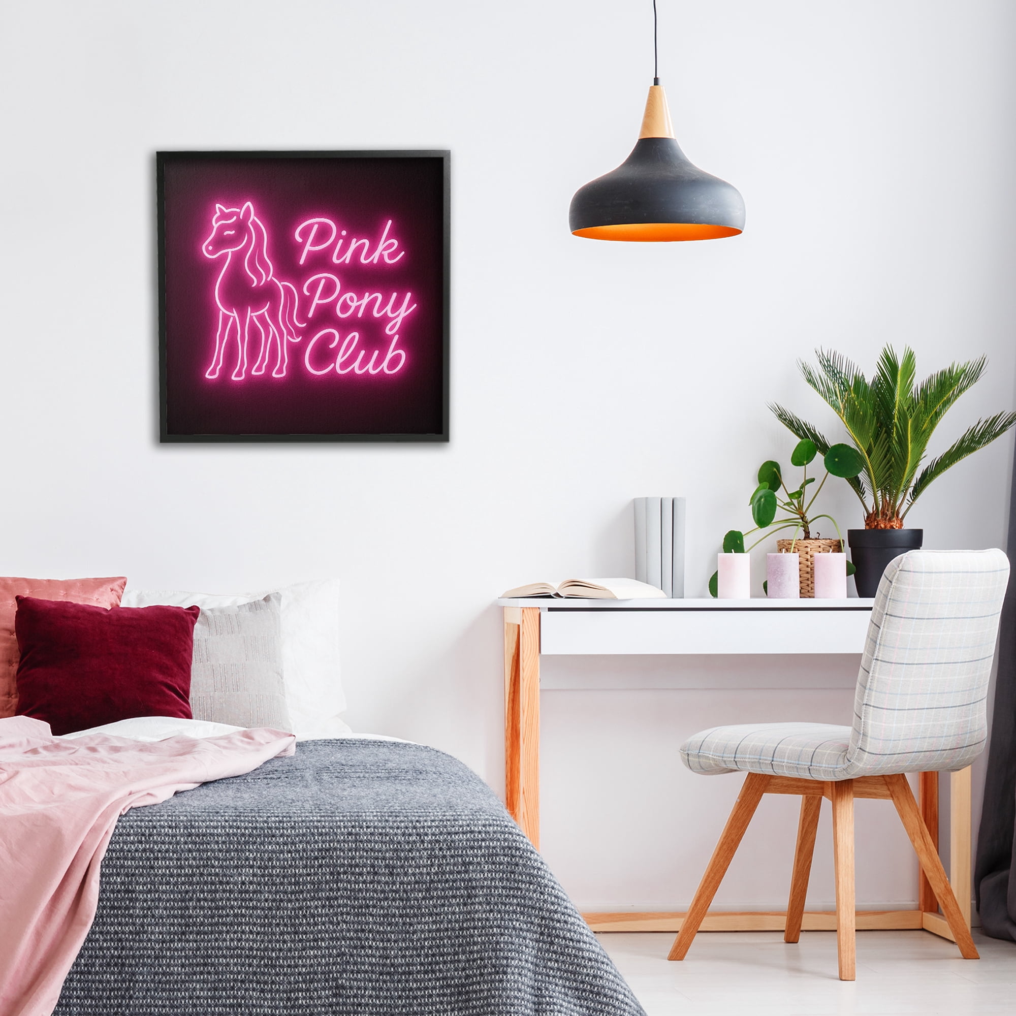 Stupell Industries Pink Pony Club Neon Black Framed Giclee Art, design by Grotto Studios