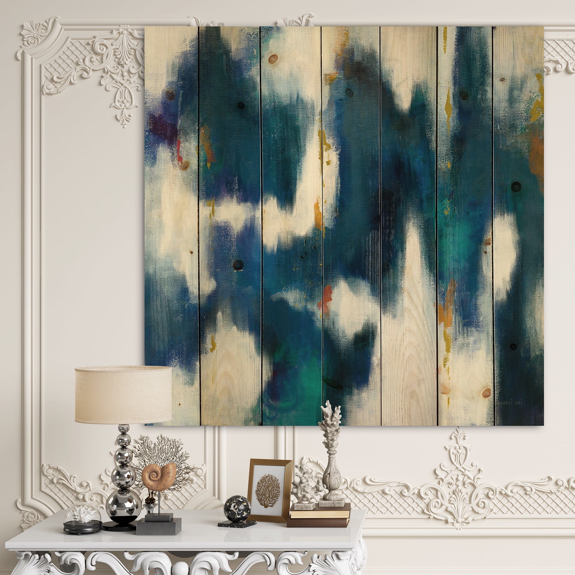 Designart 'Fractal Blue Glam Texture II' Contemporary Print on Natural Pine Wood