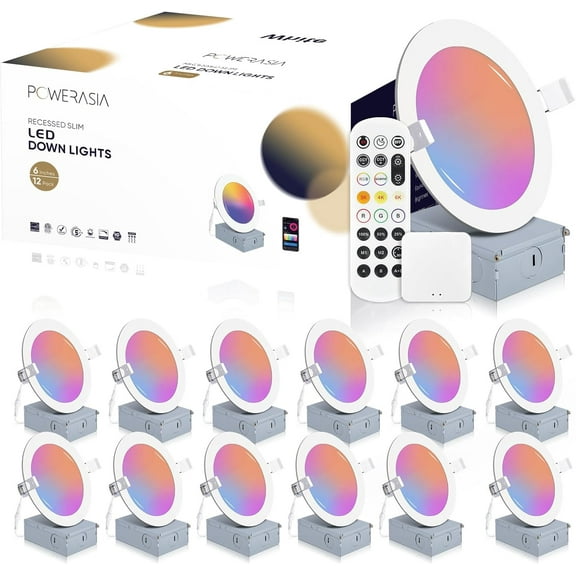 12 Pack Smart Recessed Lighting 6 Inch, Ultra-Thin LED Recessed Lighting 12W 1200LM Smart Downlight with Junction Box, Compatible with Alexa/Google Assistant - ETL and Energy Star Certified