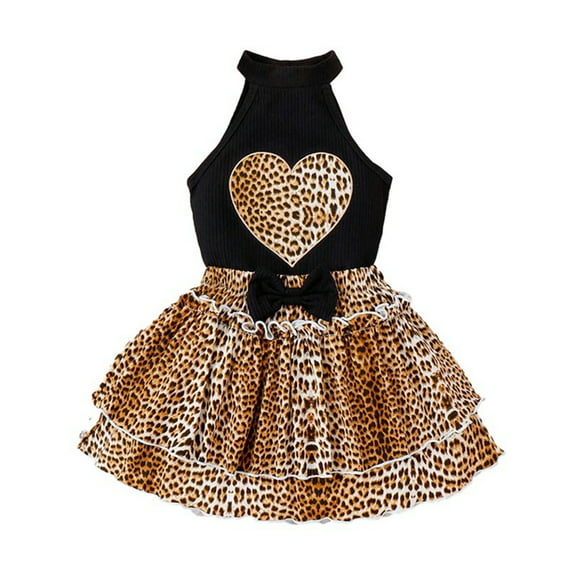 Hotiary Toddler Baby Girls Summer Leopard Print Dress Outfits Kids Halter Sleeveless Love Shirt Bowknot Layered Skirt Two-Piece Set for 4-7 Years