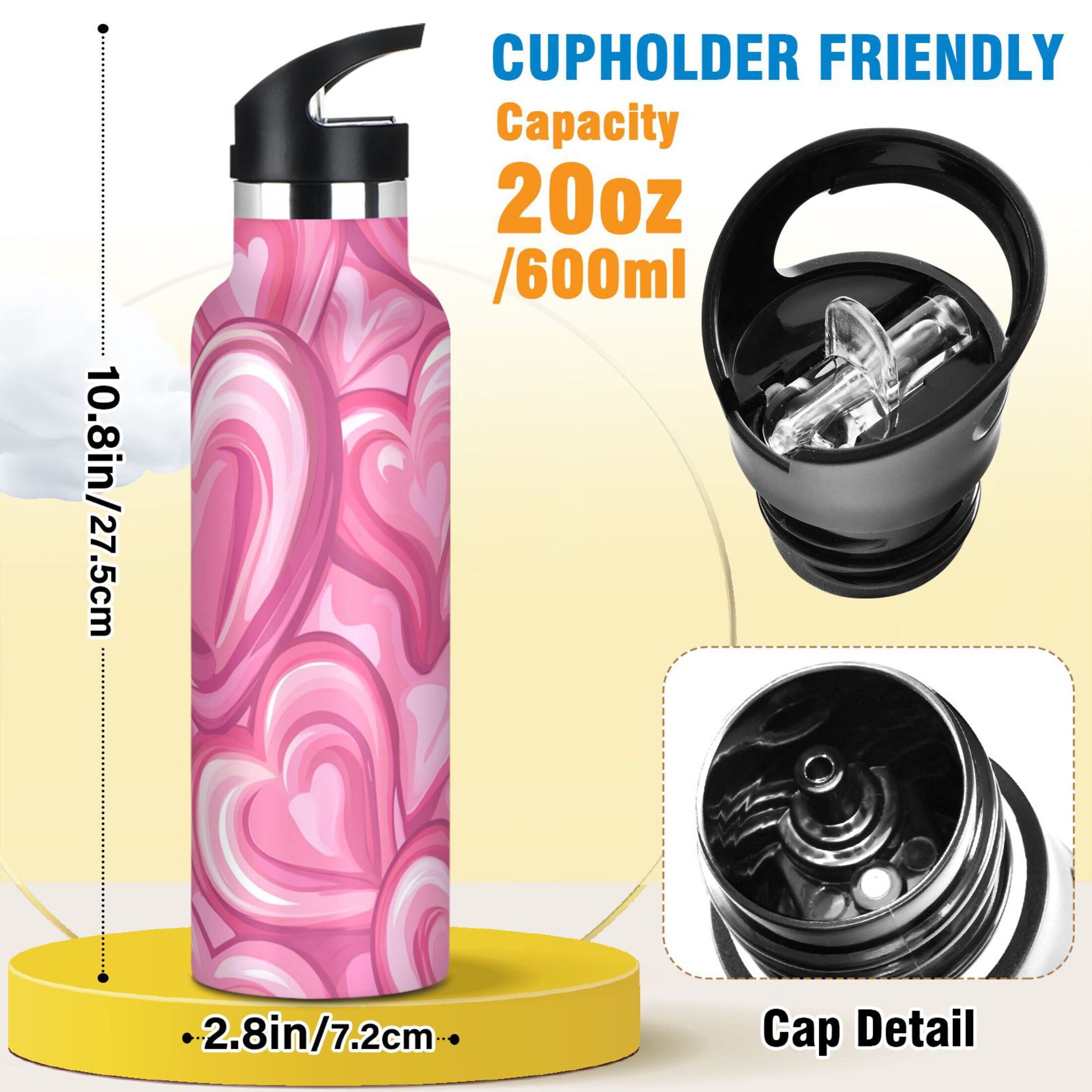 Kids Insulated Stainless Steel Sports Water Bottle 600ml (20oz), BPA-Free Pattern with Pink Hearts