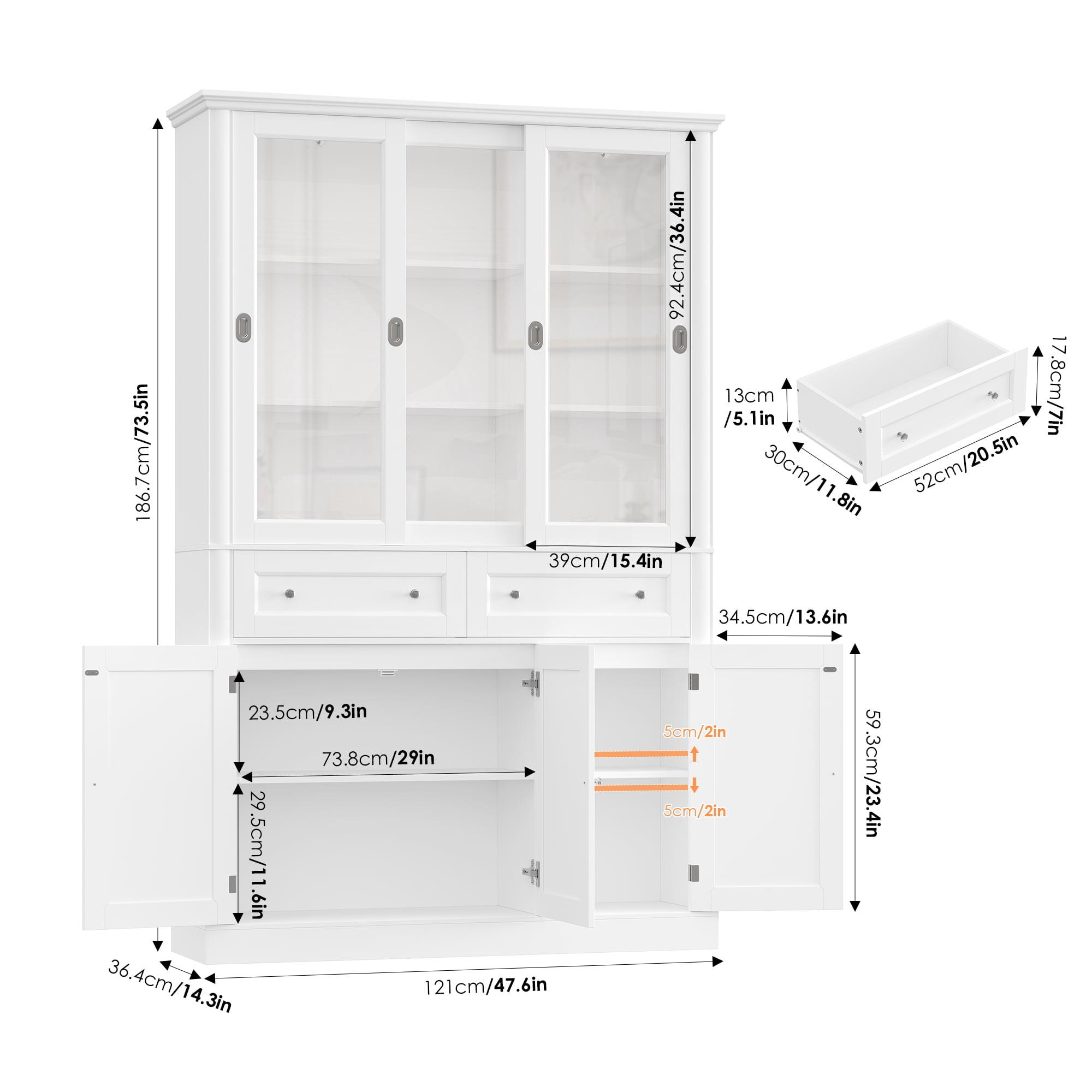 Homfa White Bookcase with Sliding Glass Doors, 73.5" Standard Bookcase with 2 Drawers, 5-tier Freestanding Storage Cabinet for Home Office Living Room