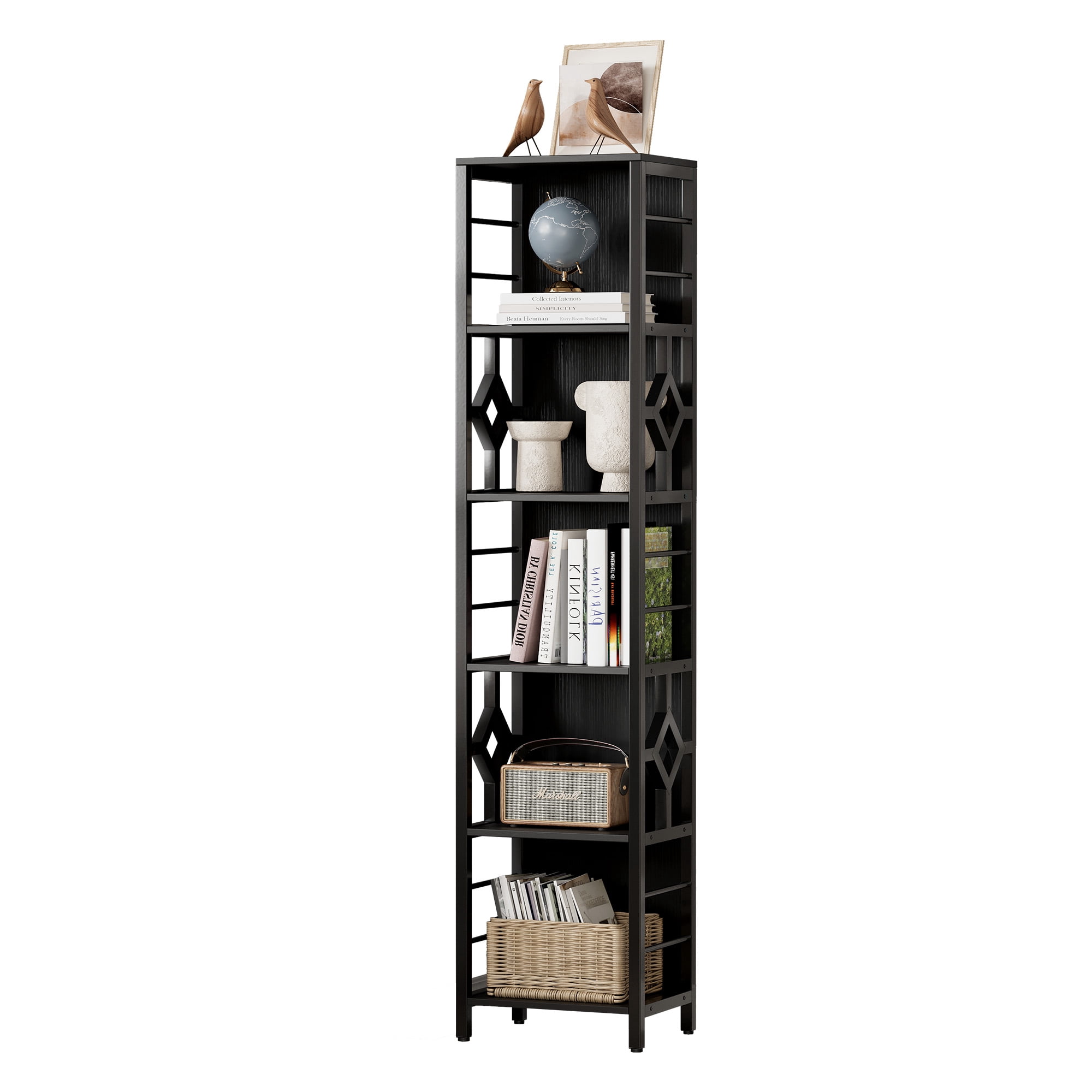 Dextrus 5-Tier Industrial Bookshelf, Tall Narrow Bookcase with Metal Frame, Open Storage Display Rack Etagere Shelves for Living Room, Home Office, Black